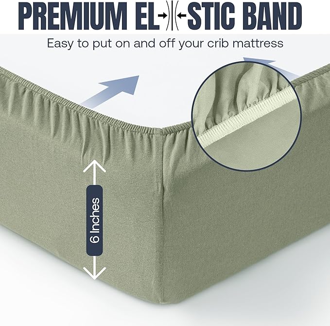 Baby Mini Crib Fitted Sheet, 100% Cotton Knitted Jersey, Pack n Play Sheet, Fitted Crib Sheets, Super Soft, Durable, Toddler Fitted Sheet, Green & Mustard Grey 38"x24"x6"'