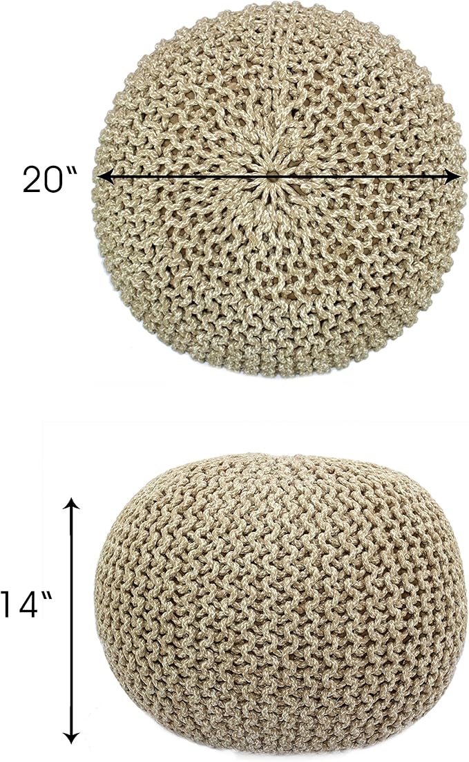COTTON CRAFT Round Pouf - Hand Knitted Tweed Cable Dori Pouf Ottoman - Cotton Braid Cord Foot Stool Footrest Accent Seat Furniture Bean Bag - Family Room Kids Nursery Dorm - 20x14 - Natural