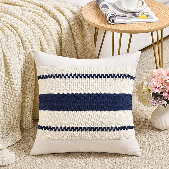 Fancy Homi Set of 2 Navy Blue Decorative Throw Pillow Covers 16x16 Inch for Couch Bed Sofa Living Room Office, Aesthetic Modern Organic Farmhouse Home Decor, Soft Cotton Woven Textured Cushion Case