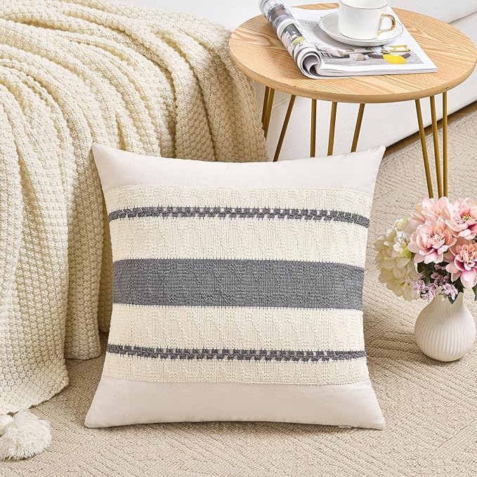 Fancy Homi Set of 2 Neutral Grey Farmhouse Decorative Throw Pillow Covers 20x20 Inch for Couch Bed Chair Indoors, Vintage Country Rustic Retro Room Decor, Soft Thick Cotton Handmade Woven Cushion Case