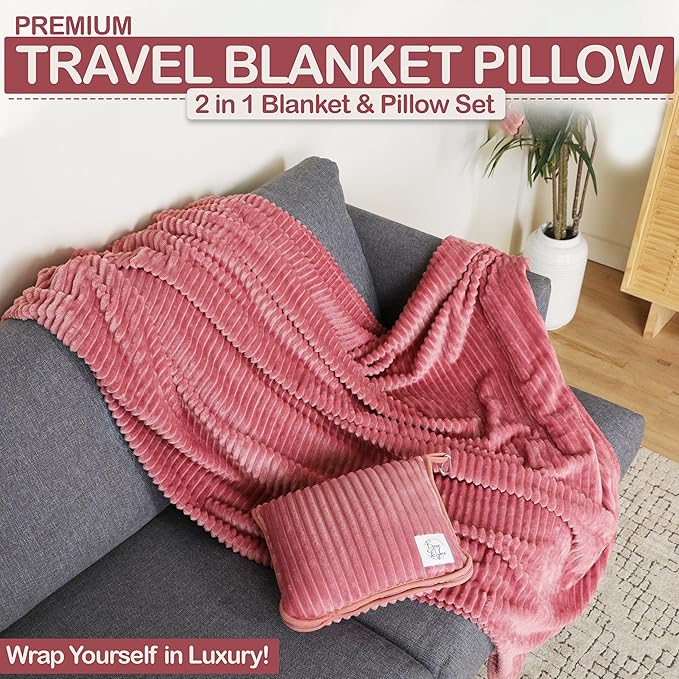 Premium Travel Blanket Pillow - XL 50"x70" | 2 in 1 Travel Blanket and Pillow Set | Travel Blanket Airplane Compact with Bag | Warm Blanket Travel Must Haves with Hand Luggage Sleeve & Backpack Clip