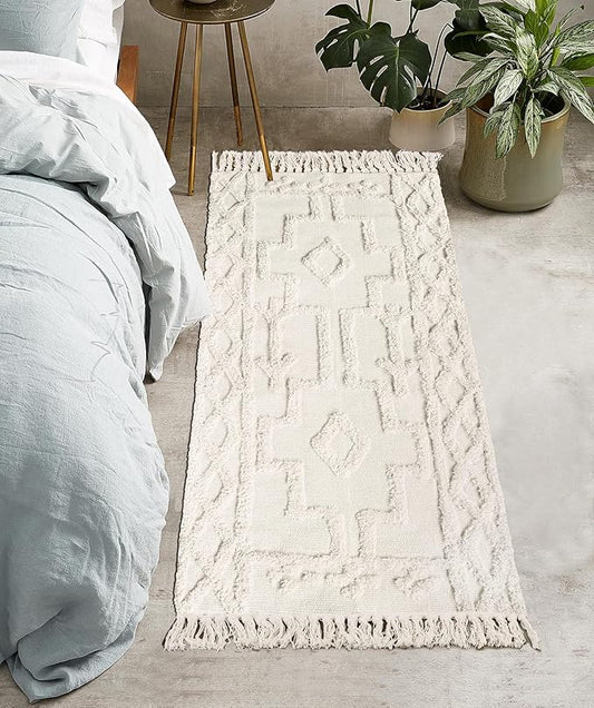 Uphome Boho Bathroom Runner Rug 2' x 4.3', Washable Woven Cotton Bedroom Rug Runners, Beige Aesthetic Tufted Entryway Runner Rugs, Bohemian Tribal Throw Rugs for Bedside Living Room Laundry Kitchen