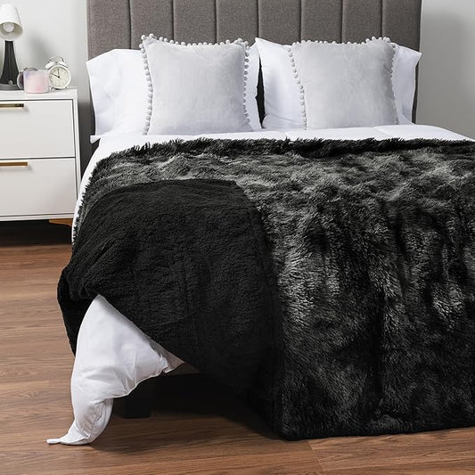Pavilia Black Fluffy Bed Blanket, King Size, Fuzzy Plush Warm Large Blanket for Couch Sofa, Super Soft Thick Faux Fur Sherpa, Tie-Dye, 90x108