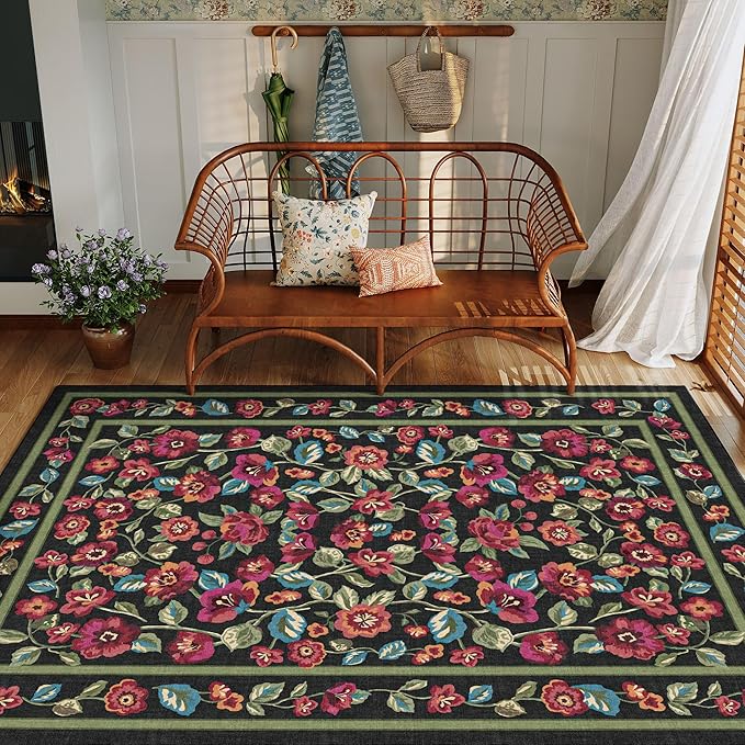 Black Area Rug 3x5 Washable Living Room Non Slip Kitchen Soft Floral Indoor Carpet Vintage Low Pile Accent Throw Rug for Office Dining Room Nursery Bathroom Farmhouse