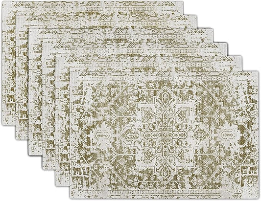 Gray Olive Green Boho Placemats Set of 6 Ethnic Bohemian Carpet Place Mats Washable Kitchen Dining Vintage Grey Geography Floral Linen Table Mats Stain Heat-Resistant for Home Party Indoor 12x18 in