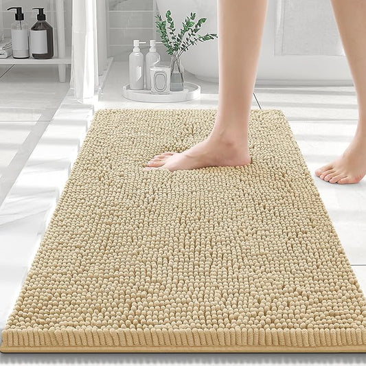 Smiry Luxury Chenille Bathroom Rugs 30x20, Extra Soft and Absorbent Shaggy Bath Mat, Machine Washable, Non-Slip Plush Carpet Runner for Tub, Shower, and Floor, Home Decor Accessories, Beige