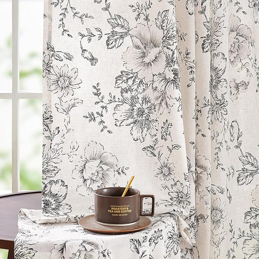jinchan Linen Blend Curtain Floral Curtains for Living Room 63 Inch Length Black Printed Curtain Rod Pocket Back Tab Farmhouse Peony Flower Patterned Drapes Bedroom Window Curtains Set 2 Panels