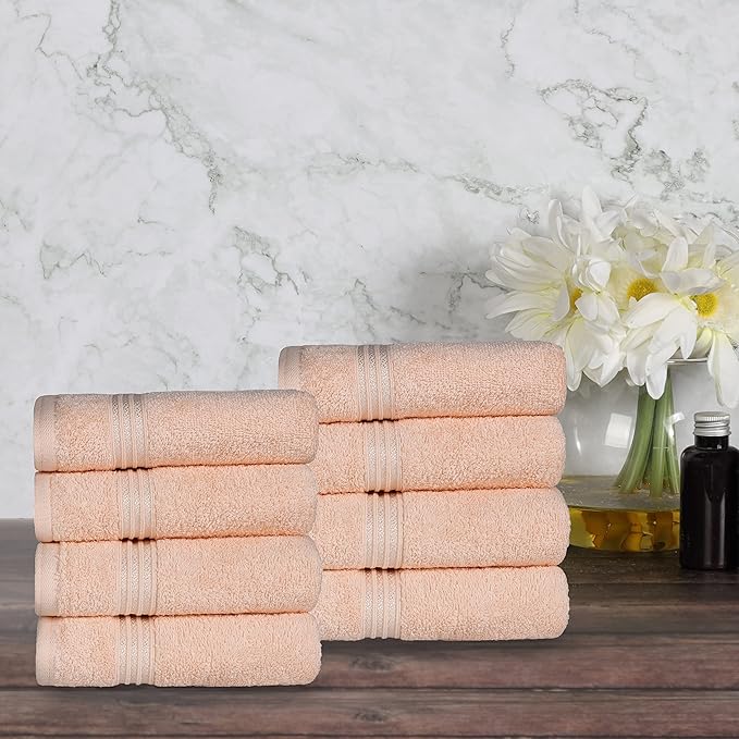 Superior Egyptian Cotton 8-Piece Hand Towel Set, Towel Basics For Quick Dry, Absorbent Small Towels, Facial, Spa, Kitchen, Bathroom Essentials, Apartment, Guest Bath, Soft, Washcloth, Peach