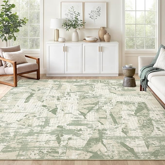 Art&Tuft Washable Rug, Anti-Slip Backing Abstract Area Rugs, Stain Resistant Rugs for Living Room, Foldable Machine Washable Area Rug(02-Green, 5'x7')