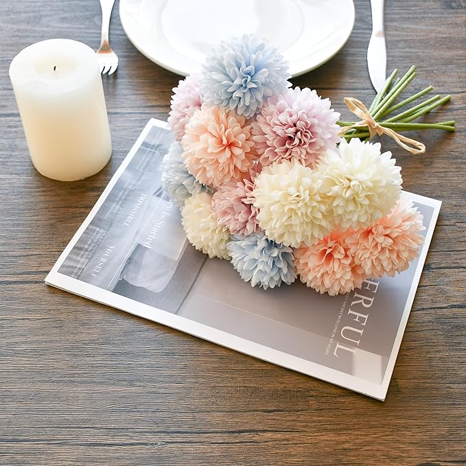 Mandy's Multicolor Artificial Ball Chrysanthemum 12 Stems Faux Flowers with Bendable Stems for DIY Wedding Centerpiece Fall Decor Home Arrangements