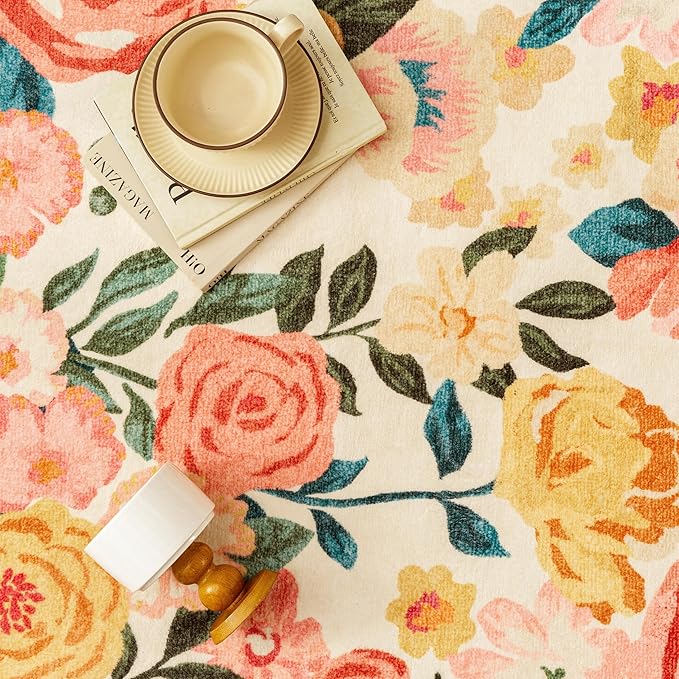 Washable Floral Runner Rug 2x5 Beige Hallway Carpet Scalloped Flower Non Slip Soft Long Kitchen Runner Farmhouse Low Pile Thin Indoor Floor Cover for Bathroom Bedroom Laundry Room Entryway