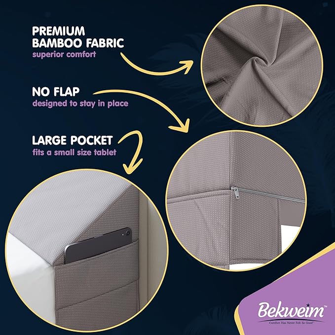 Wedge Pillow Headboard Bed Gap Filler Full - Headboard Pillow Full Size 54 X 10 X 6 - Long Pillow for Bed Wedge Gap Filler with Large Pocket for Bed Accessories - Mattress Gap Filler (Grey)