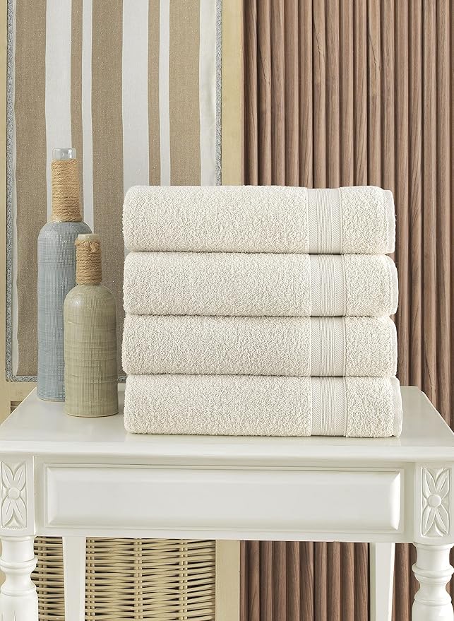 Quick-Dry, Soft & High Absorbent Bath Towels 27"x54" Cotton Turkish Bath Towel Set of 4 | Daily Use 100% Cotton Towels for Bathroom, Gym & More | Bathroom Towels Set (4 Pcs, Ivory Lace)