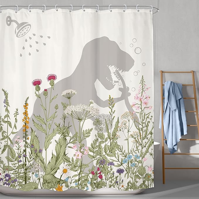 LGhtyro Wildflower Dinosaur Kids Shower Curtain Bathroom Set 71Wx71H Inches Funny Dino Silhouette Floral Rustic Plant Leaves Botanical Bath Accessories for Boys Art Home Decor Fabric 12 Pack Hooks