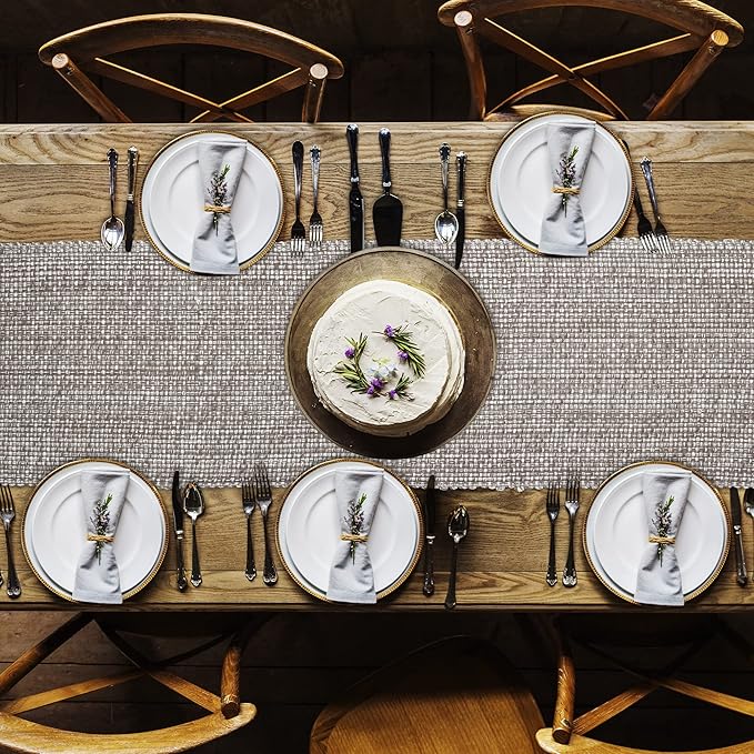 Urban Villa, 100% Cotton Two Tone Table Runner,14''x 72'' Over Sized Taupe/White Two Tone Table Runner with Fringes, Every Day Use Heavier Quality Christmas Runners