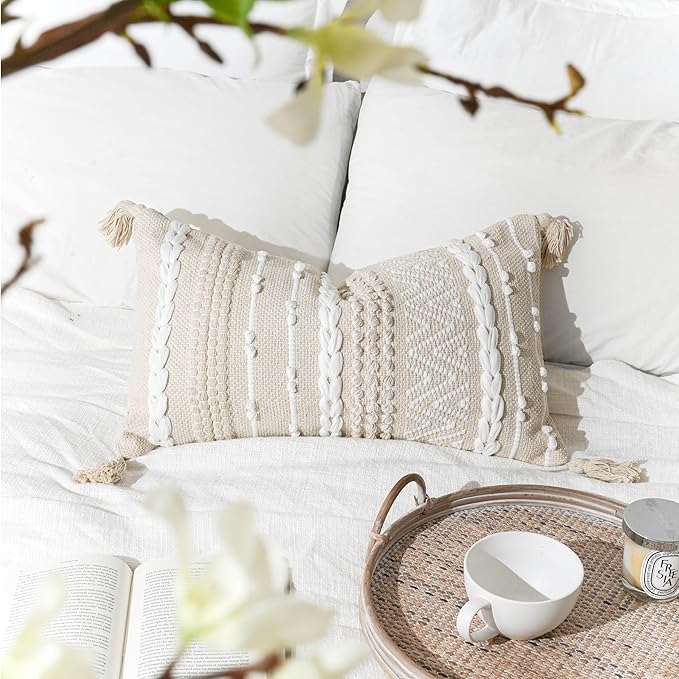 Decorative Lumbar Pillow Cover 14x24, Cream White Boho Accent Throw Pillow Case for Couch Sofa Bed, Modern Farmhouse Textured Lumbar Cushion Bedroom Living Room, Cover ONLY