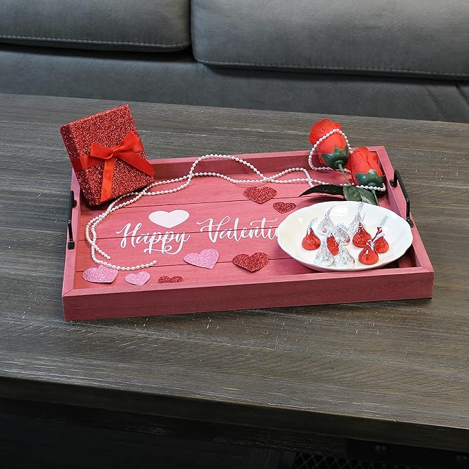 Elegant Designs HG2000-DPV Decorative Wood Serving Tray w/Handles, 15.50" x 12", Happy Valentine's Day