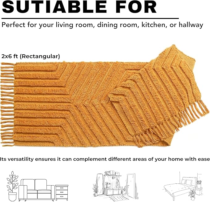 Boho Runner Rug 2x6' Washable Kitchen Rugs with Tassels Indoor Farmhouse Rugs for Bedroom Aesthetic Tufted Rug for Laundry Room Doorway Living Room_Mustard