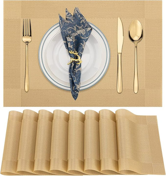Winknowl Placemats, Set of 8 Heat Resistant Stain Resistant Woven Vinyl Insulation Place mats, Durable Washable Elegant Table Mats for Dining (Golden)