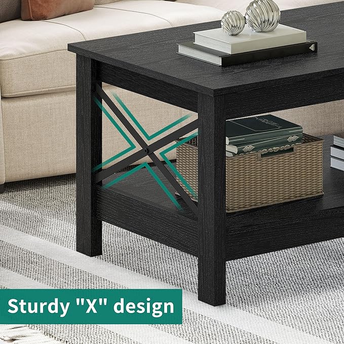 YITAHOME Coffee Table for Living Room, Modern Farmhouse Coffee Table with Storage, 2-Tier Center Table for Living Room Wood Living Room Table Accent Cocktail with Sturdy Frame, Black