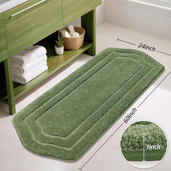 COSY HOMEER Bathroom Rugs Mat 24”x60” Absorbent Non-Slip Bath Mat, Plush Shaggy Bathroom Runner, Machine Washable Large Soft Bath Mats for Bath Floor,Tub and Shower,Green