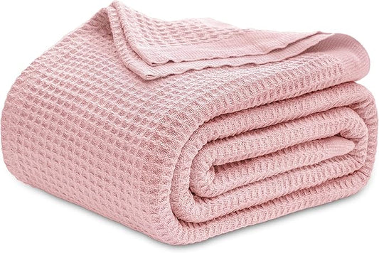 Bedsure 100% Cotton Blanket Queen Size for Bed - Breathable and Soft, Waffle Weave Blanket for Summer Spring, Pink, 90x90 Inches