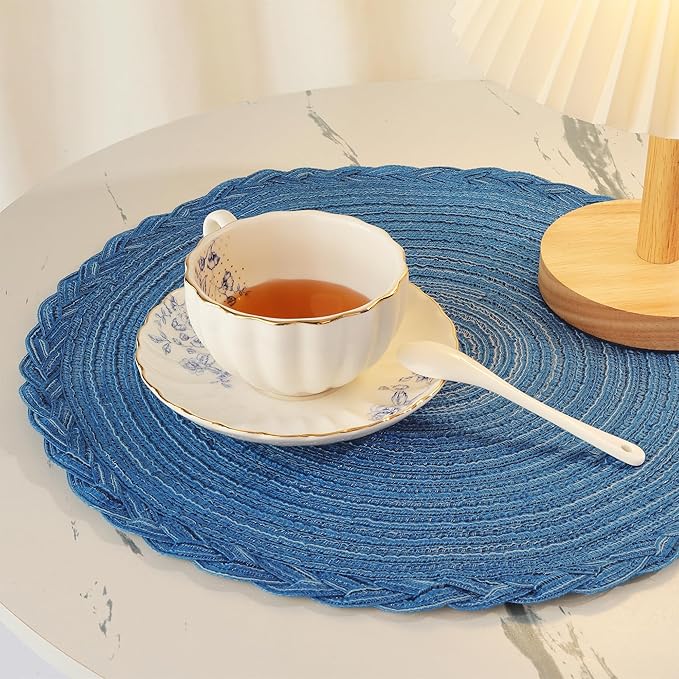 fanquare Cool Blue Round Briaded Placemats Set of 8 Heat Resistant Non Slip Placemat for Dining Table Washable No Fadding Table Mats for Long Term Use