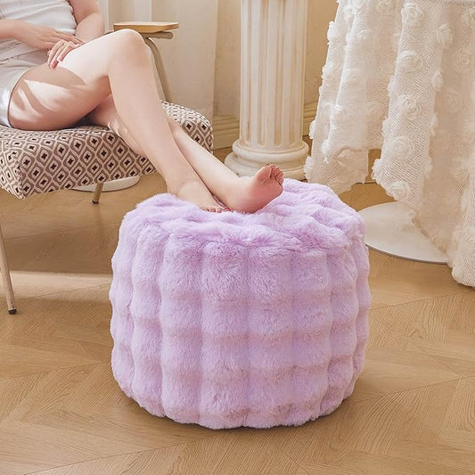 LIFEREVO Faux Rabbit Fur Round Inflatable Pouf Ottoman, 20 X 16 Plush Waffle Bubble Floor Poufs Foot Rest Living Room Bedroom, Light Purple Furry Pouf Foot Stool for Girls Adults, Anti-Slip, Lavender