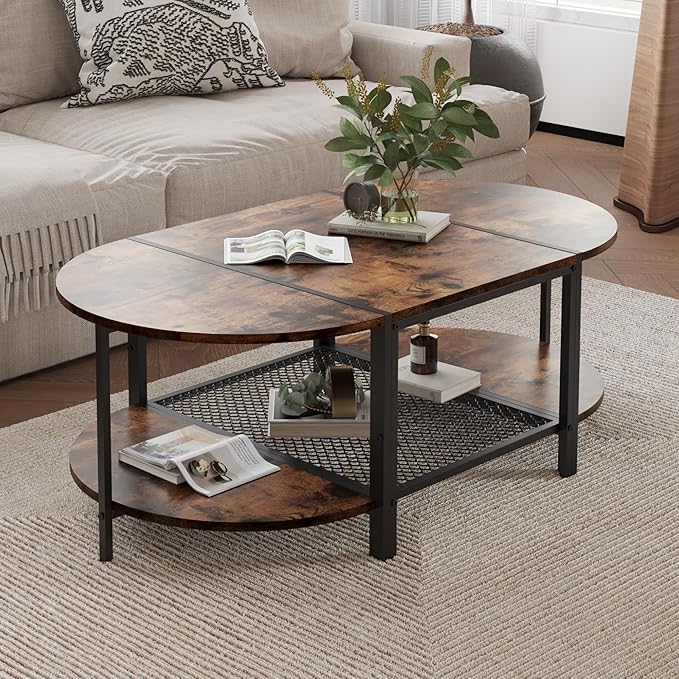 SENIG Oval Coffee Table with Rustic Wood Finish, 2-Tier Storage Shelf and Metal Frame, Living Room Center Table Modern, Vintage Brown