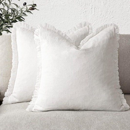Foindtower Set of 2 Decorative Linen Fringe Throw Pillow Covers Cozy Boho Farmhouse Cushion Cover with Tassels Soft Accent Pillowcase for Couch Sofa Bed Living Room Home Decor, 24×24 Inch, Cream White