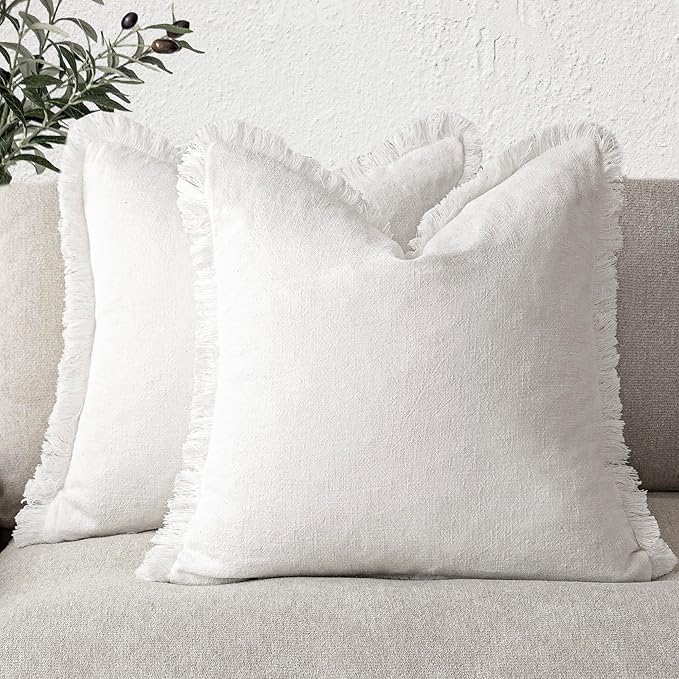 Foindtower Set of 2 Decorative Linen Fringe Throw Pillow Covers Cozy Boho Farmhouse Cushion Cover with Tassels Soft Accent Pillowcase for Couch Sofa Bed Living Room Home Decor, 26×26 Inch, Cream White