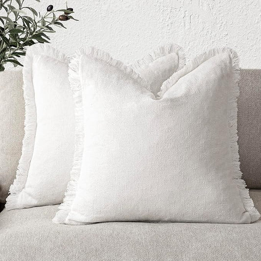 Foindtower Set of 2 Decorative Linen Fringe Throw Pillow Covers Cozy Farmhouse Boho Cushion Cover with Tassels Soft Accent Pillowcase for Couch Sofa Bed Living Room Home Decor 20×20 Inch Cream White
