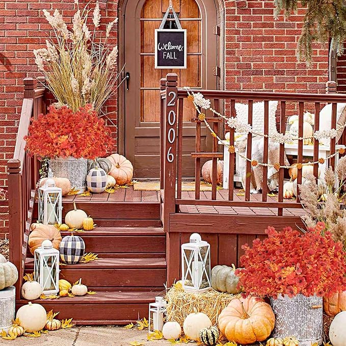 12 Bundles Artificial Fall Flowers Outdoor UV Resistant Fake Mums Bulk Outdoor Faux Mums Plants Plastic Flower Decorations for Home Garden Porch Hanging Planter Vase Autumn Decor Outside, Orange