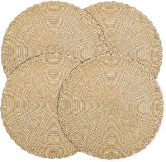 fanquare Round Woven Placemats with Braided Lace Edge 4 Pack Heat Resistant Non Slip Table Mats for Kitchen 15 Inch Cotton Blend Rustic Placemat
