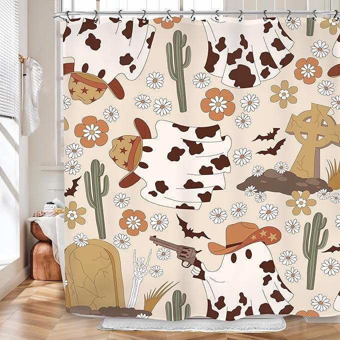 Halloween Ghost Cowboy Shower Curtain 60Wx72L Inch Horror 70s Retro Groovy Western Hippie Funky Trendy Funny Holiday Bathroom Set Accessories Decor with 12 Pack Hooks