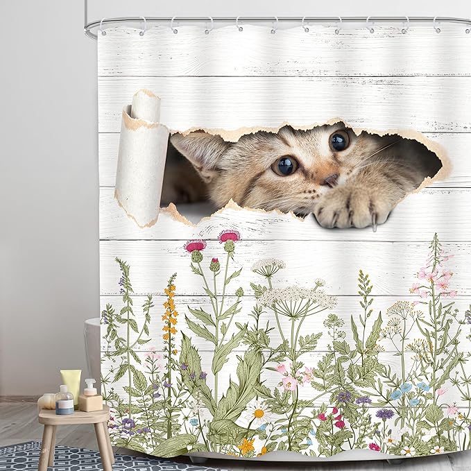 LGhtyro Wildflower Cats Shower Curtain Bathroom Set 60Wx71H Inches Kids Funny Floral Rustic Plant Leaves Botanical Country Bath Accessories Animal Cute Flower Art Home Decor Fabric 12 Pack Hooks