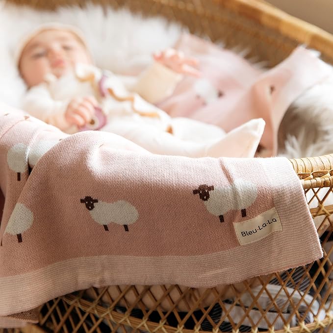 Luxury Knit Baby Receiving Blanket - 100% Cotton Soft Cozy Lightweight Receiving Swaddler Crib Stroller Blanket for Shower Gift Registry for Newborns Infants Toddlers (Sheep - Light Pink)