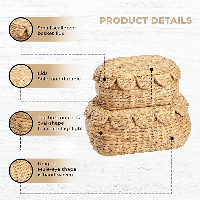 Round Wicker Storage Baskets with Lid, Rattan Basket Decorative Boxes, Woven Storage Box Hyacinth Basket with Lids, Scalloped Edge Wicker Basket with Lid, Set of 2