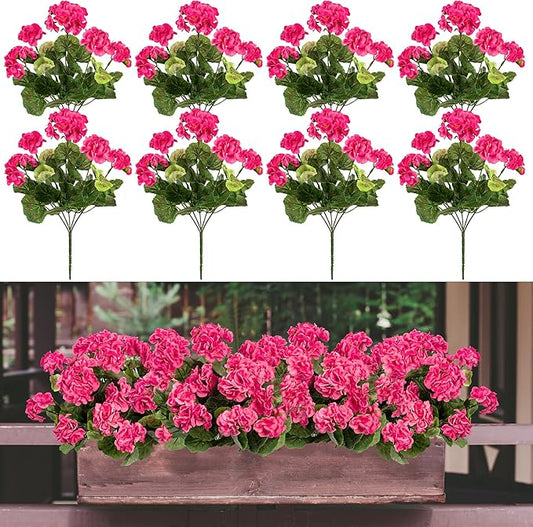 Plastic Flowers for Outdoors Home Decor Fake Plants Artificial Flowers Artificial Geraniums Outdoor Fake Flowers Silk Bouquet, Fall Decor for Interior Porch Garden Decor 14.4"(Rose Red) 8PCS