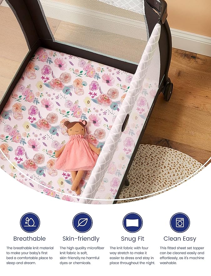 TotAha Premium Stretchy Pack N Play Playard Sheets | Mini Crib Sheets (2-Pack) -Hypoallergenic, Silky Comfort, Buttery Soft, Calming Effect, All-Season Jersey-Knit (Colorful Flora & Blue Flowers)