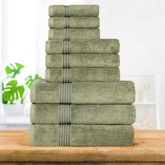Superior Egyptian Cotton 9-Piece Towel Set, Assorted Towels, Home Bathroom, Master, Guest Bath, Decor Essentials, Includes 3 Bath, 3 Hand, 3 Face Towels/Washcloths, Quick Dry, Absorbent, Forest Green