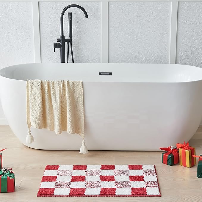 CozeCube Christmas Checkered Bath mats for Bathroom Non Slip, Fluffy Absorbent Microfiber Bath mat Washable, Aesthetic Bathroom Rugs, Cute Bath mat for Shower Sink, Christmas Red, 24" x 16"