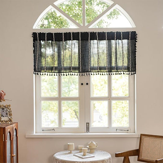Sutuo Home Boho Valance Curtain Tier 36 inches for Kitchen Cafe Closet, Short Farmhouse Vintage Tassels Window Treatment Bohemian Stripe Embroidery Drape Rod Pocket 1 Panel 52" W x 36" L, Black