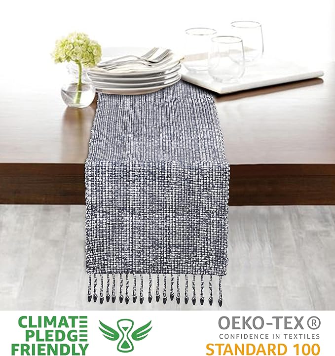 Urban Villa Two Tone Table Decor - 14x72 Blue/White w/Fringes - Cotton Table Runner for Dining, Kitchen, Everyday Use