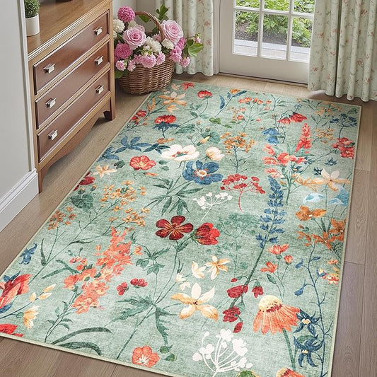 Green Area Rug 5x7 Floral Washable Living Room Kitchen Boho Carpet Non Slip Low Pile Indoor Accent Lightweight Soft Throw Rug for Bedroom Office Dining Room Nursery Farmhouse