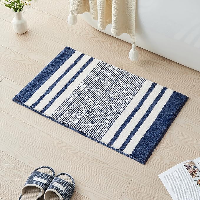 CozeCube Blue Striped Bath mats for Bathroom Non Slip, Fluffy Absorbent Microfiber Bath mat Washable, Aesthetic Bathroom Rugs, Cute Bath mat for Sink, 24" x 16"
