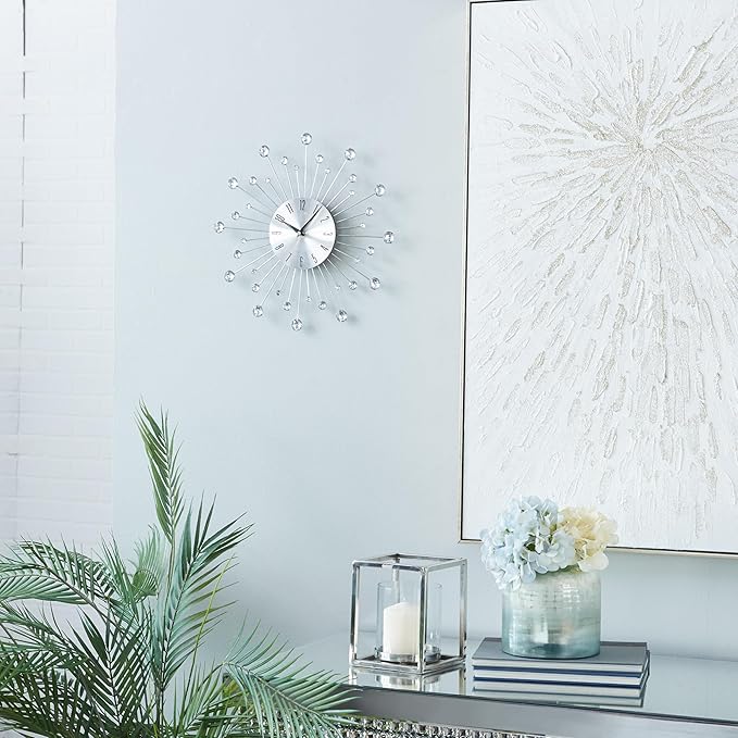 Deco 79 Metal Starburst Decorative Wall Clock With Crystal Accents for Home and Room, 15" x 2" x 15", Silver