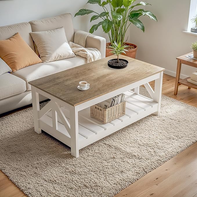 YESHOMY 39" Farmhouse Coffee Table, Coffee Tables for Living Room, Farmhouse Square Coffee Table with Storage, Couch Table, Small Tables for Small Spaces, Gray and White