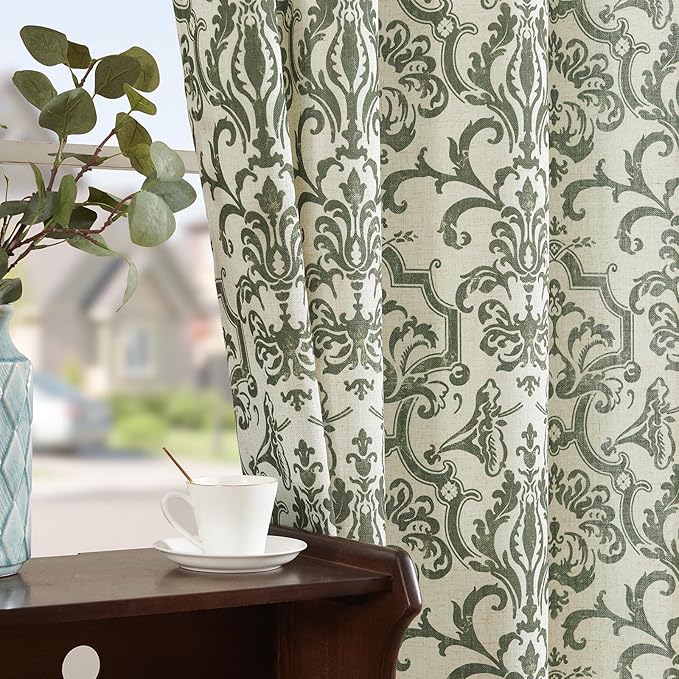 jinchan Linen Curtains for Bedroom & Living Room - Moss Green Damask Patterned Curtains, 84 Inches Long, Light Filtering, Vintage Baroque Style Drapes with Grommet Window Treatments - 2 Panels Set