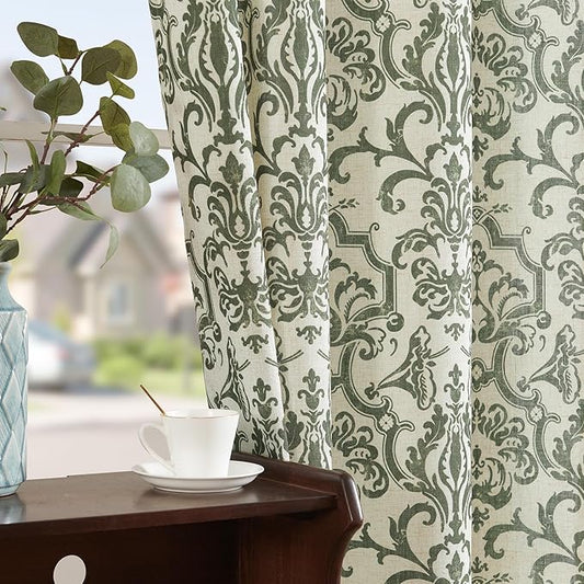 jinchan Linen Curtains for Bedroom & Living Room - Moss Green Damask Patterned Curtains, 84 Inches Long, Light Filtering, Vintage Baroque Style Drapes with Grommet Window Treatments - 2 Panels Set
